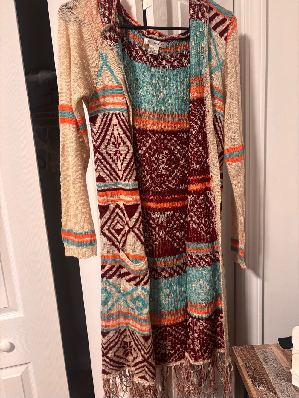 Geometric Fringe Open-Front Cardigan Sweater - Cream, Teal & Burgundy